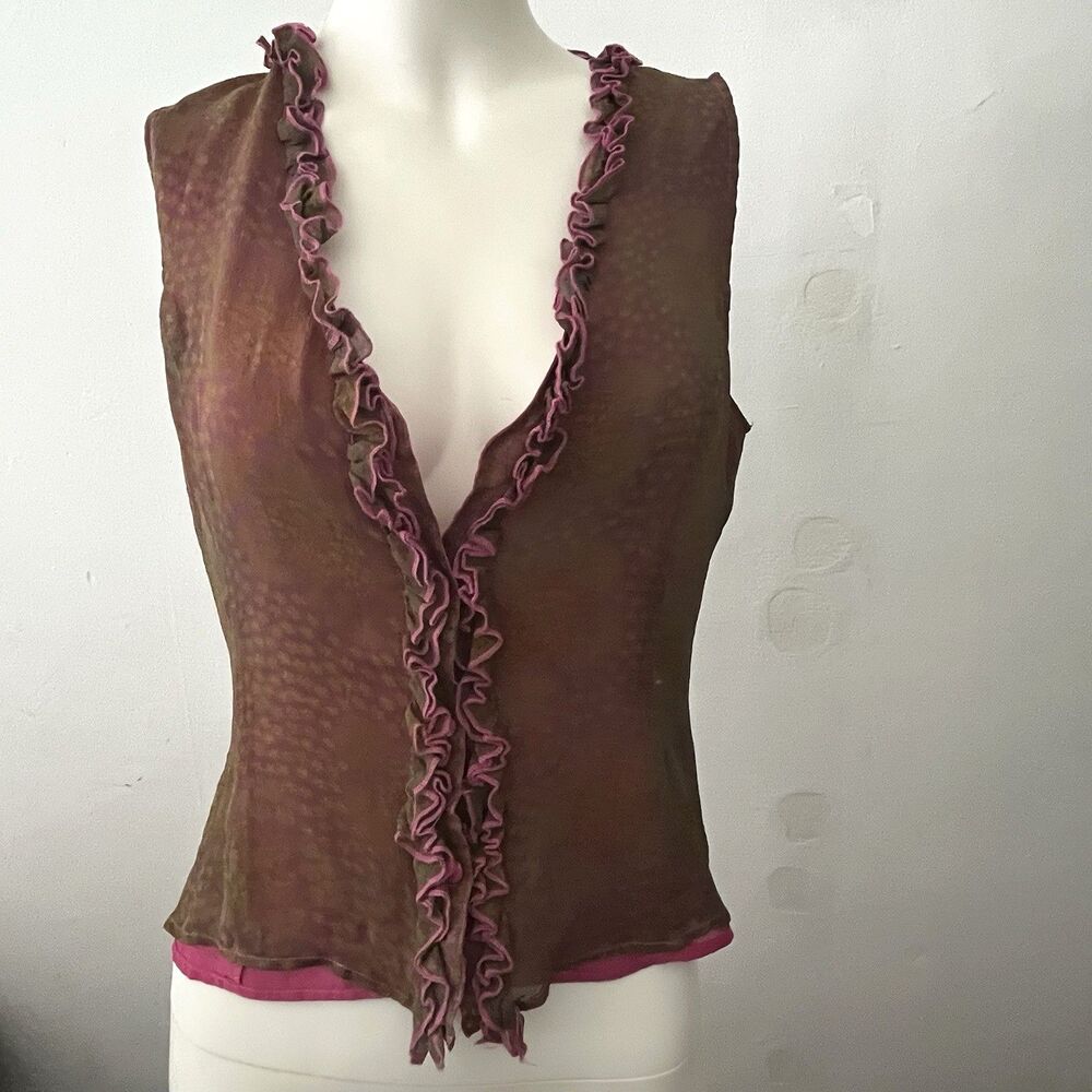 Y2K Silk Floral Fairy Top S Pink Ruffled Romantic Coquette Boho Hippie Celestial